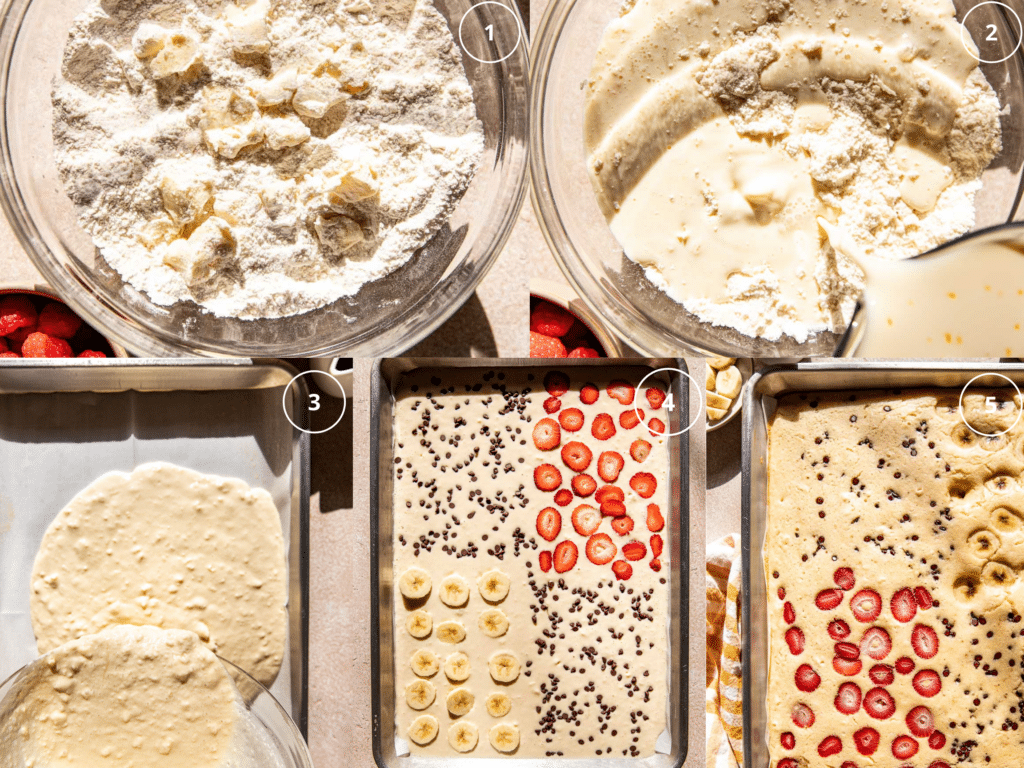 step by step photos making sheet pan pancakes.
