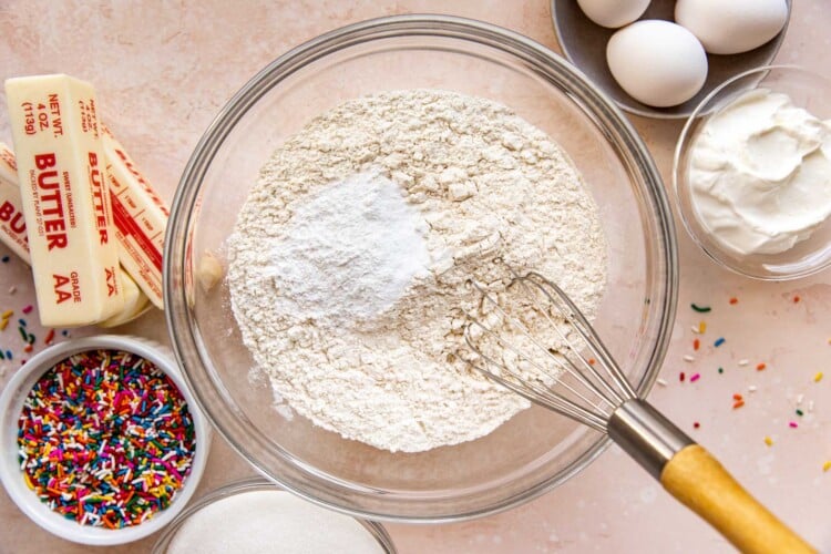 dry ingredients in a glass mixing bowl.