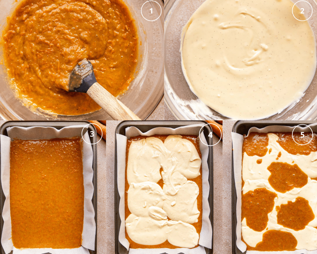 step by step photos layering carrot cake and cheesecake into a 9x13 pan.