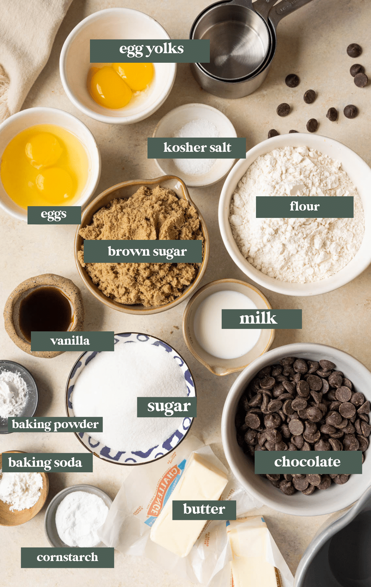 ingredients to make cookies in small glass bowls. 