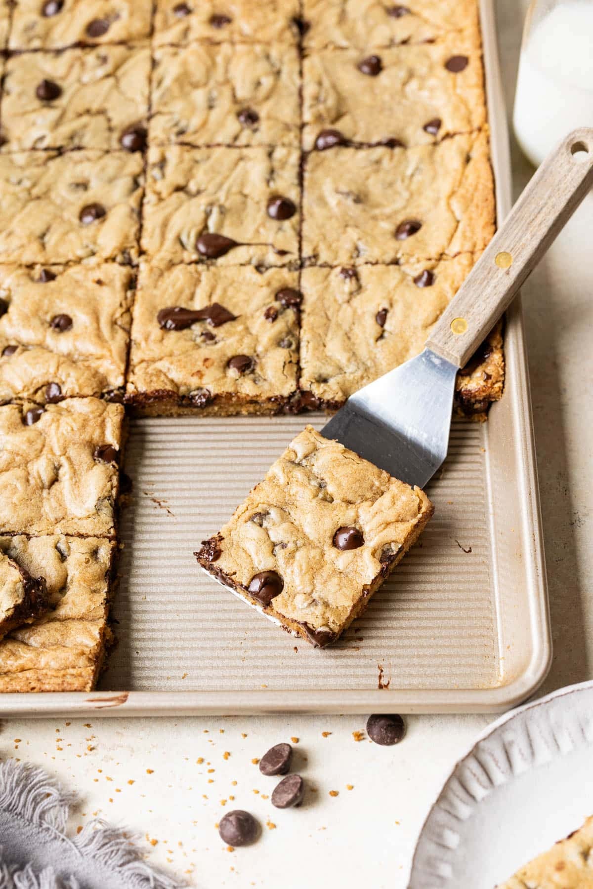 sheet pan cookies made with chocolate chips. 