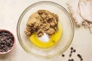 sugars and butter in a glass bowl.
