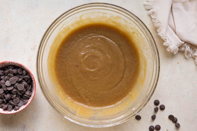 cookie dough in a glass bowl.
