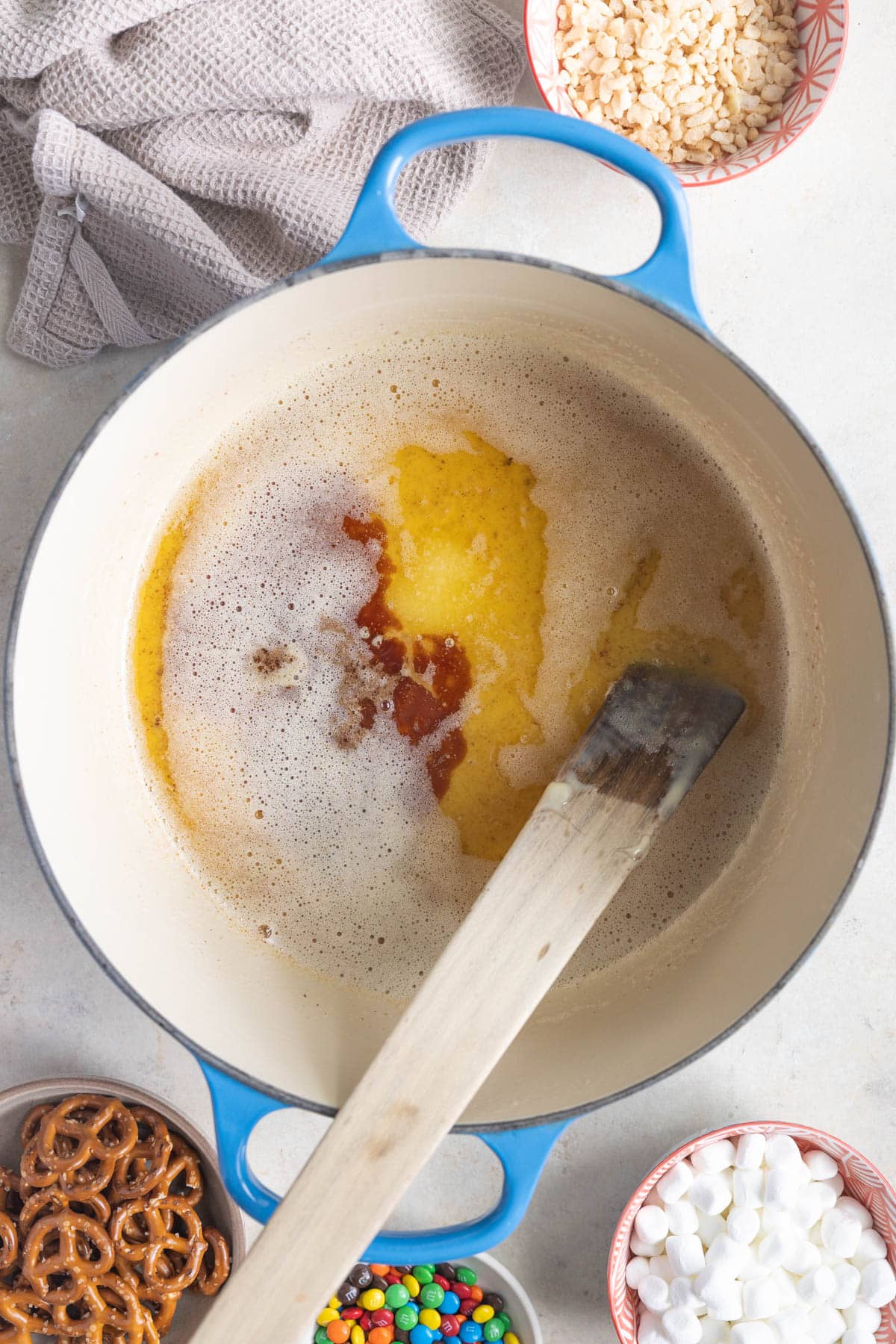 brown butter in a blue dutch oven. 