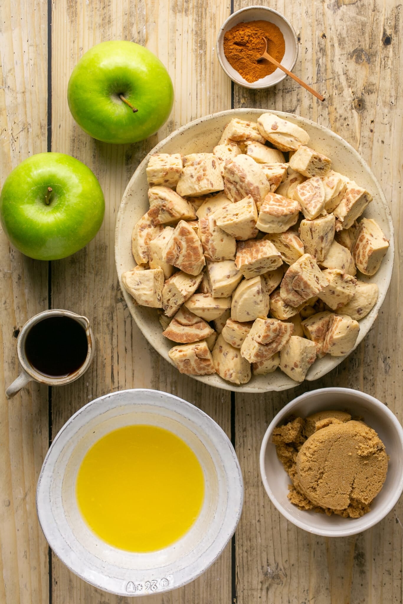 ingredients in small dishes needed to make monkey bread. 