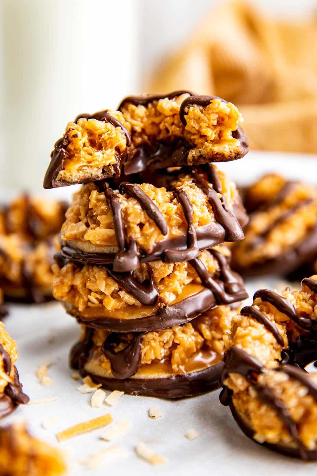 a stack of homemade samoas. 