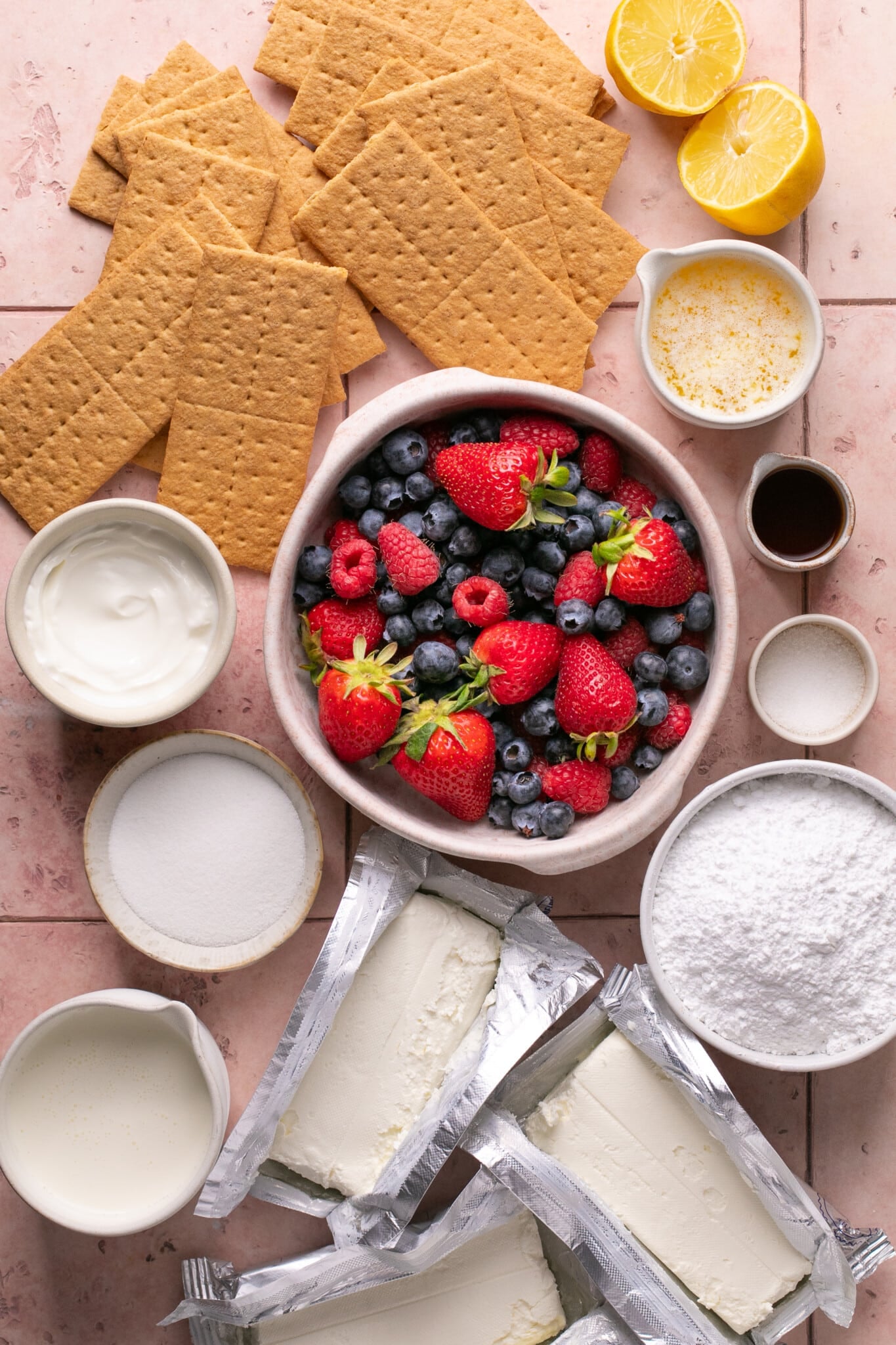 ingredients needed to make cheesecake bars. 