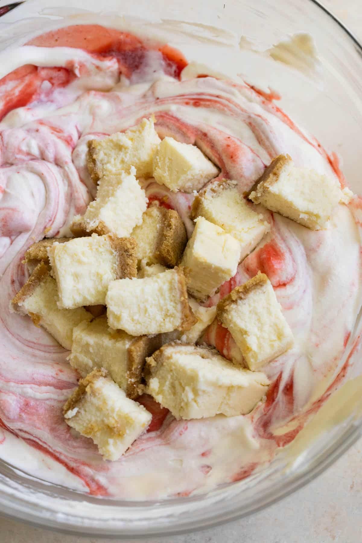 cheesecake pieces in homemade ice cream batter. 