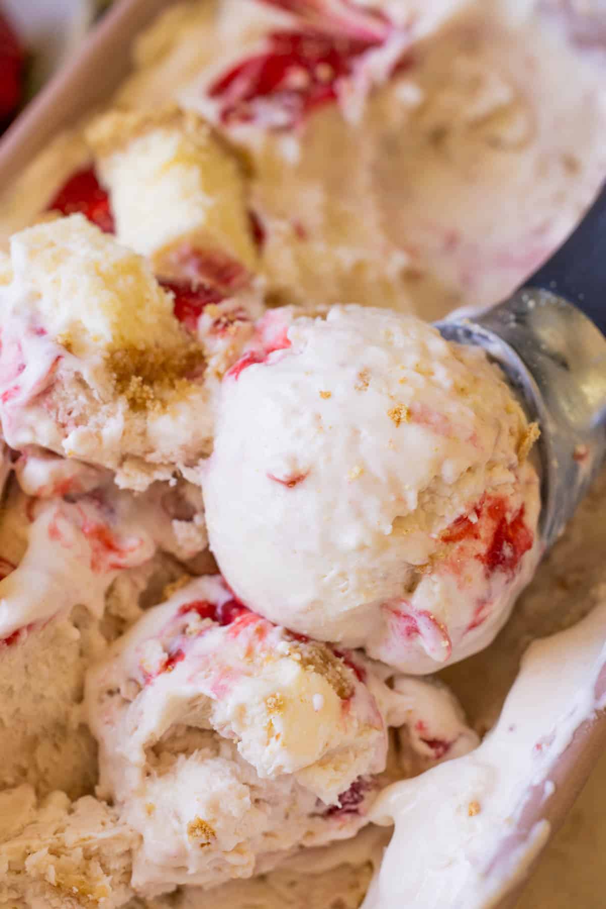 an ice cream scoop scooping out the ice cream from a container. 