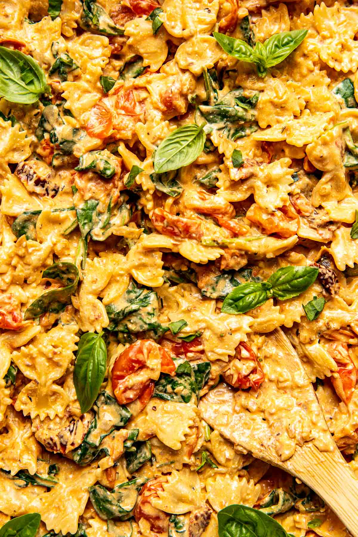 an up close image of bow tie pasta in the cream cheese pasta bake. 