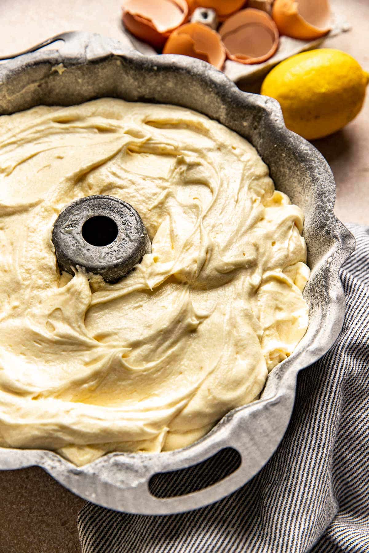 lemon pound cake batter in a bundt pan.