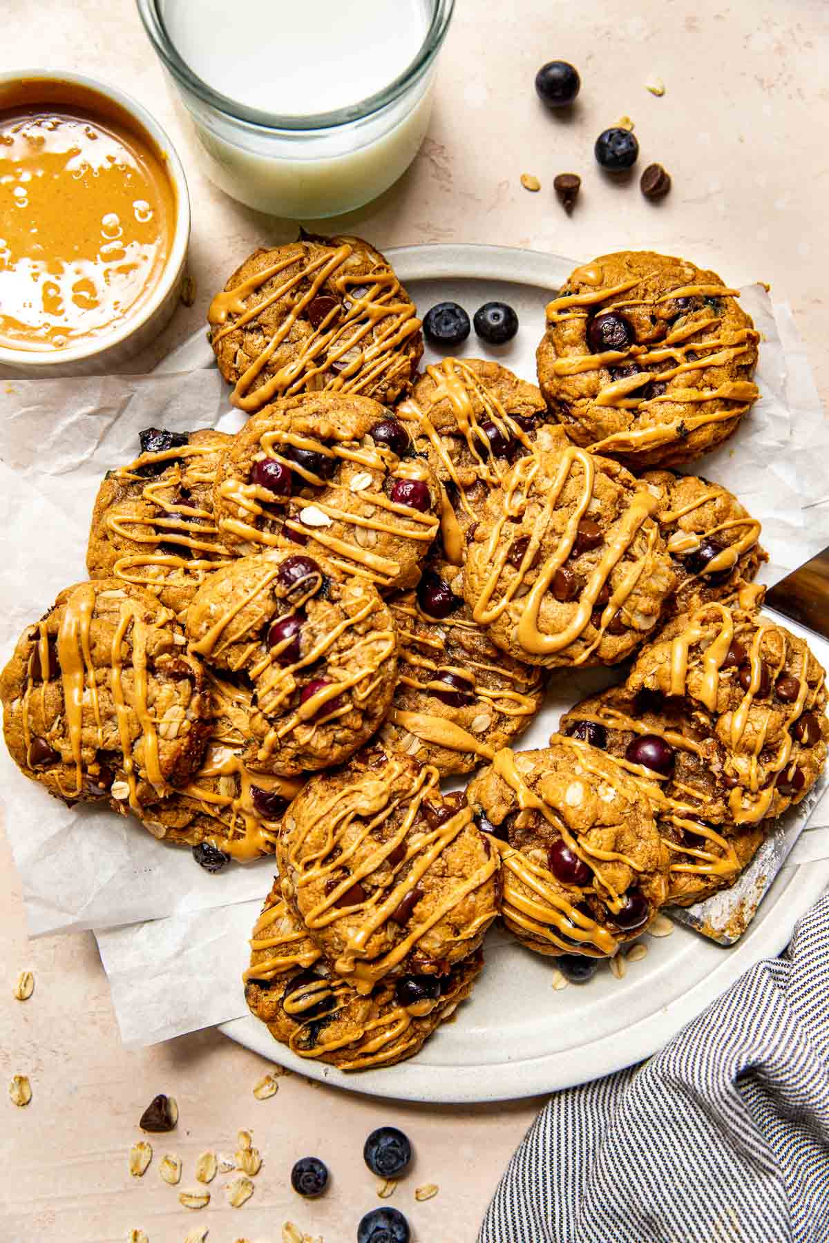 peanut butter oatmeal cookies on a white plate. 