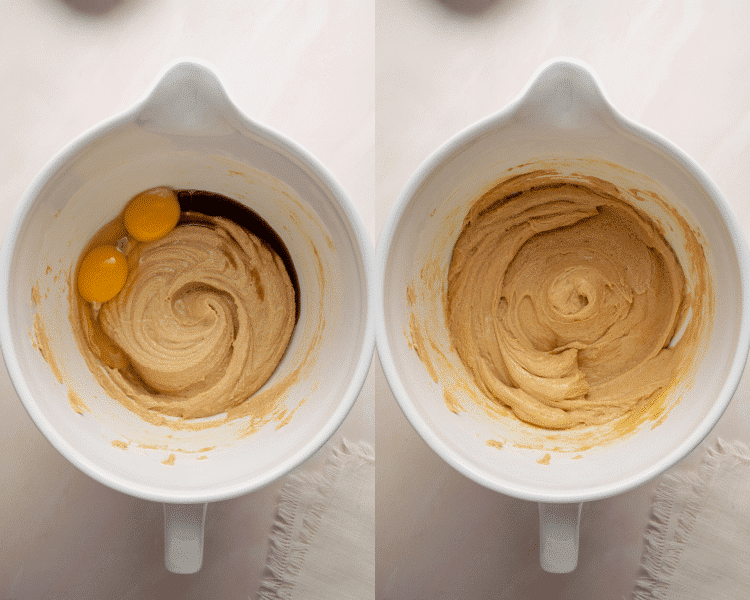 Side-by-side image of adding the eggs and vanilla to wet ingredients and mixing until combined.