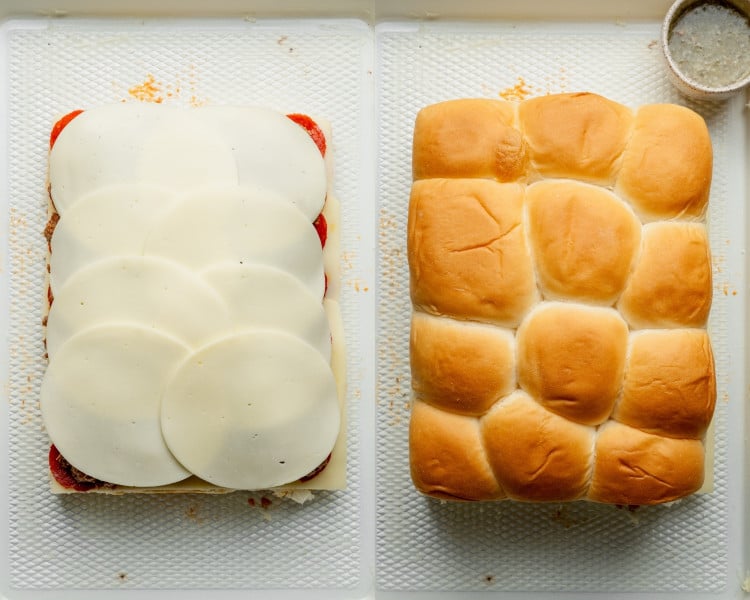 Two photos showing the final layers before baking. The left shows provolone cheese slices covering the sausage mixture, and the right shows the top half of the Hawaiian rolls placed back on top.