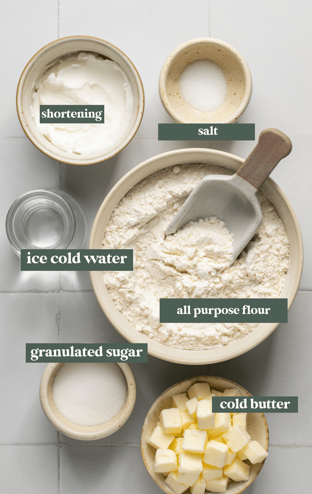 ingredients needed to make a homemade pie crust.