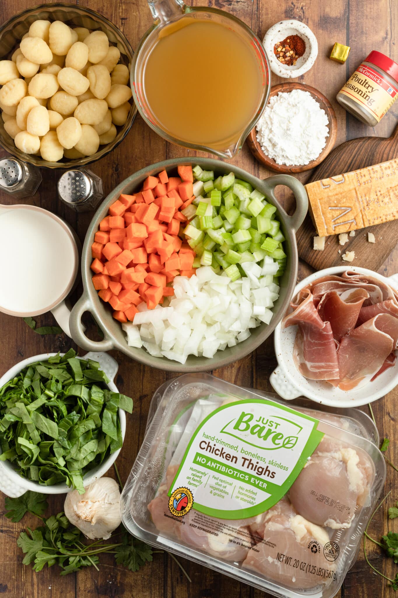 ingredients needed to make soup in small dishes.