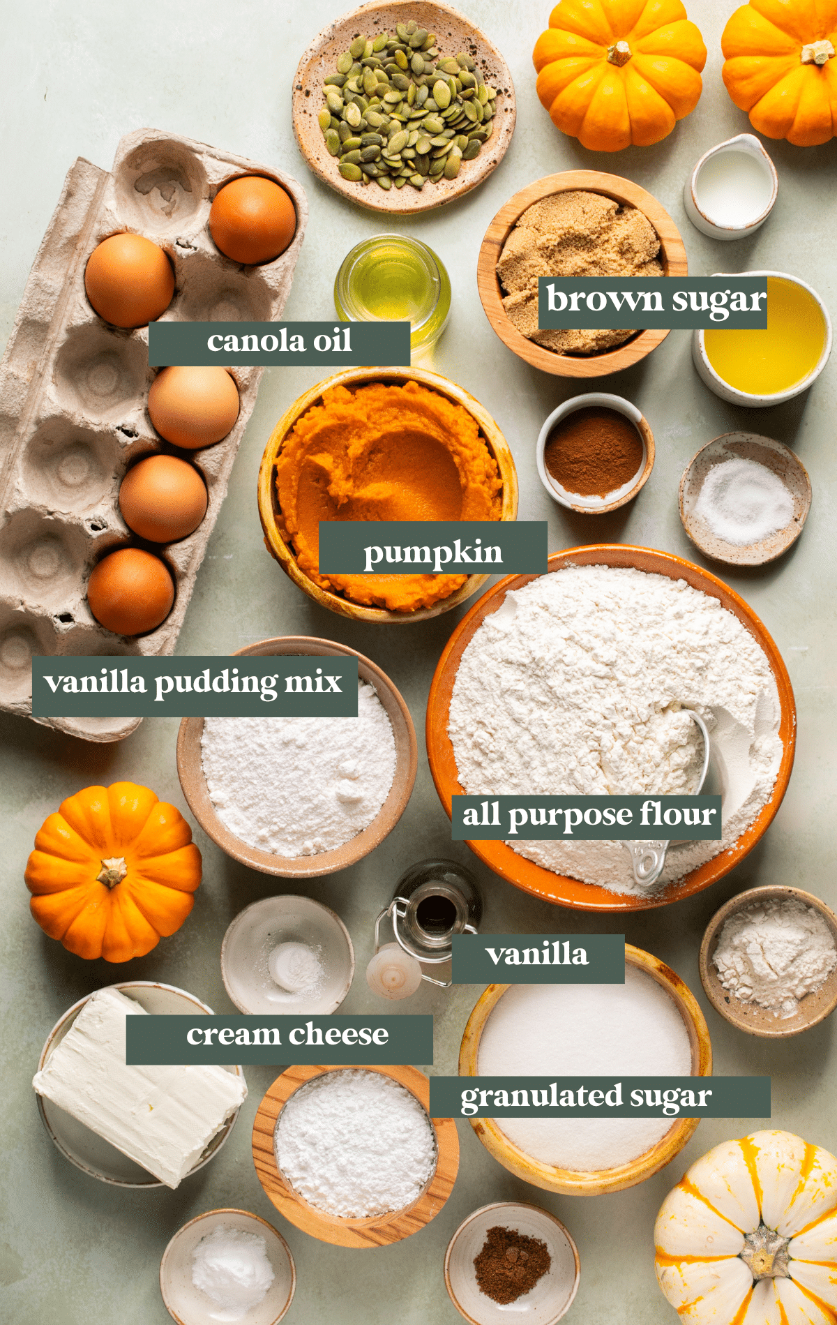 ingredients in small dishes needed to make pumpkin cream cheese muffins.