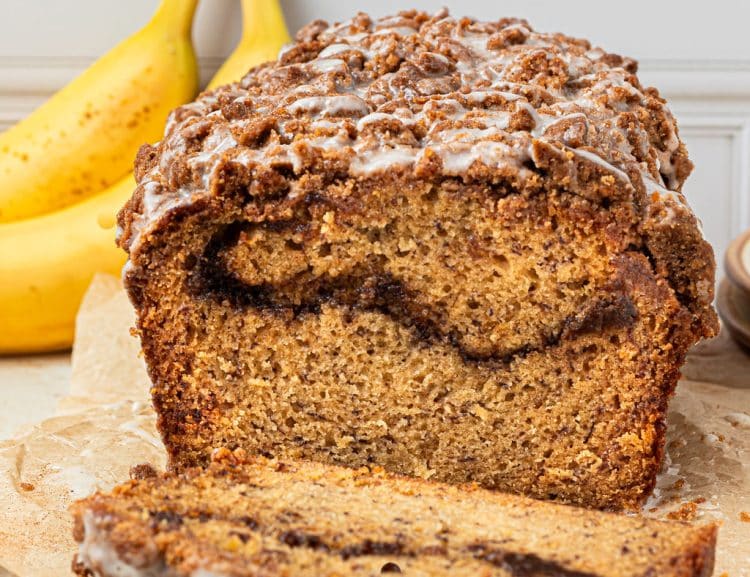 loaf of cinnamon banana bread with end slice cut off