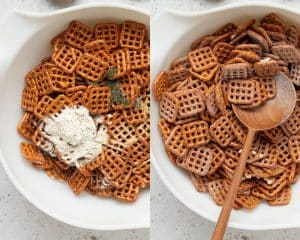 side by side images. Left side is a white bowl with square shaped, checkerboard pretzels with dry seasonings on top. right side has those ingredients mixed and shows a wooden spoon