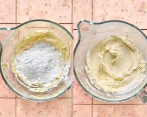two glass mixing bowls side to side. left hand side has butter mixture topped with powdered sugar. right hand side has these ingredients mixed
