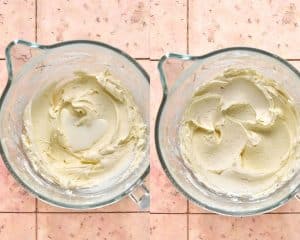 two glass mixing bowls side to side. left hand side has butter and powdered sugar mixture topped with splash of heavy cream. right hand side has these ingredients mixed