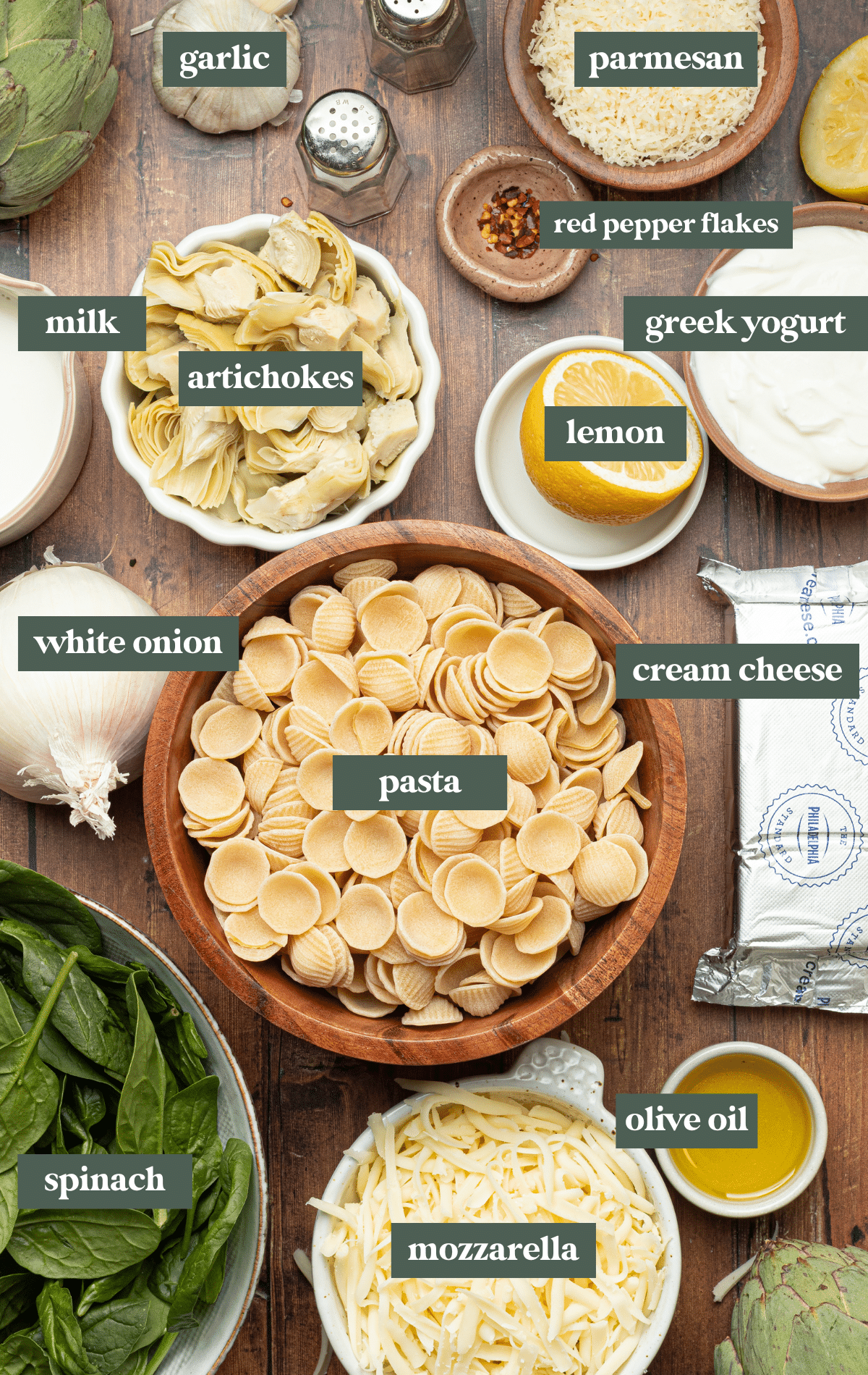 ingredients for spinach artichoke pasta
