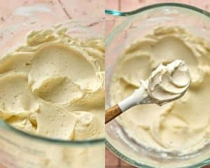 two images side by side of clear bowls with cream colored frosting. right side has spatula displaying small amount of frosting on it.