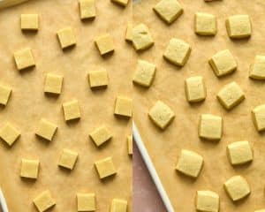 side by side images. left side has small squares of cookie dough before baking. right side shows squares after baking