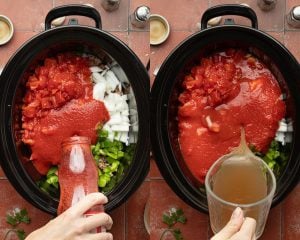 side by side images. left side shows black crock pot with diced onion, peppers, and tomatoes with a bottle of passata being poured in. right side shows beef broth being poured into the same crockpot