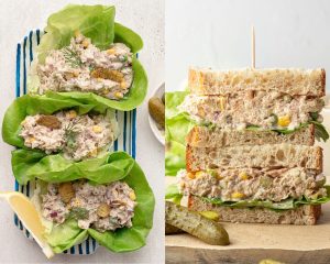 Left side image shows butter lettuce filled with tuna salad and a slice of lemon on the side. Right side image shows thick slices of bread with tuna salad and lettuce in the middle.