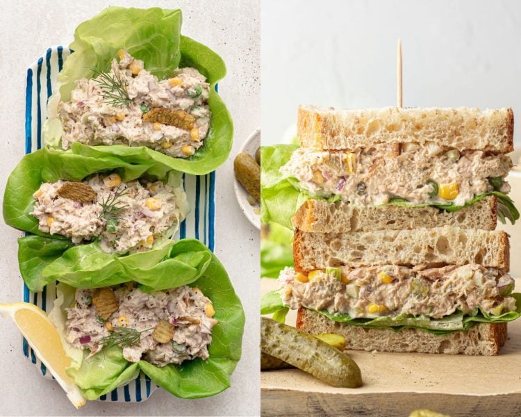 Left side image shows butter lettuce filled with tuna salad and a slice of lemon on the side. Right side image shows thick slices of bread with tuna salad and lettuce in the middle.