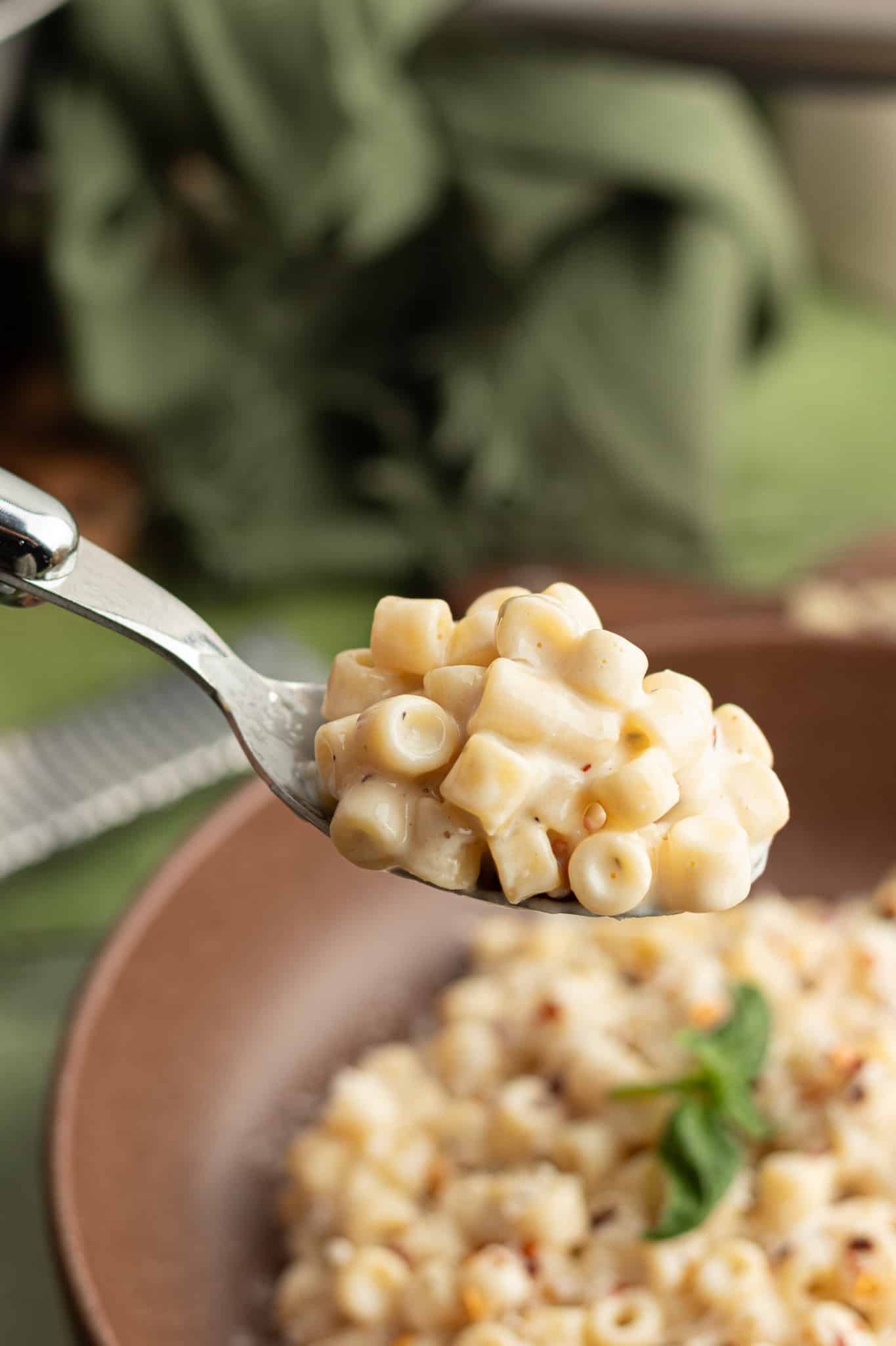 Upclose shot of spoonful of bousin pasta.