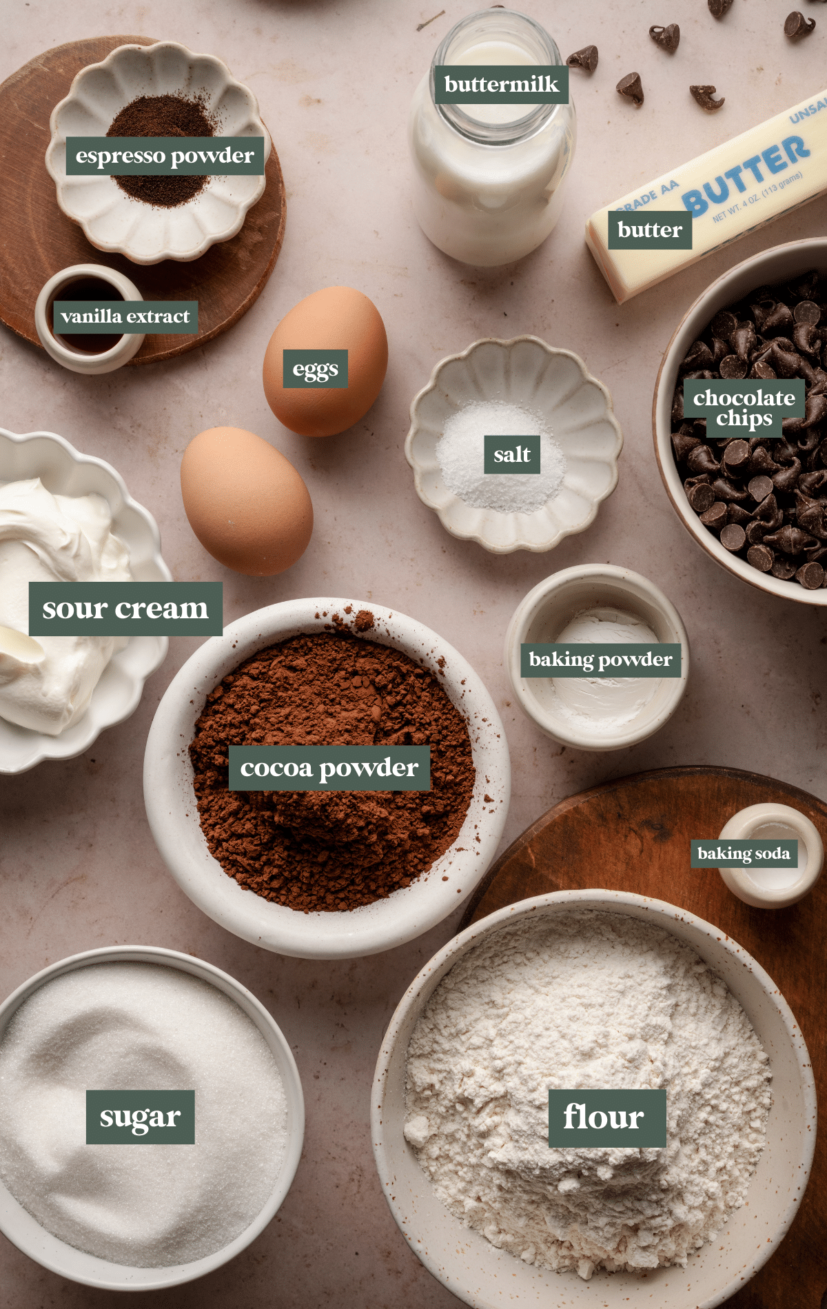 Labeled ingredients for double chocolate muffins.