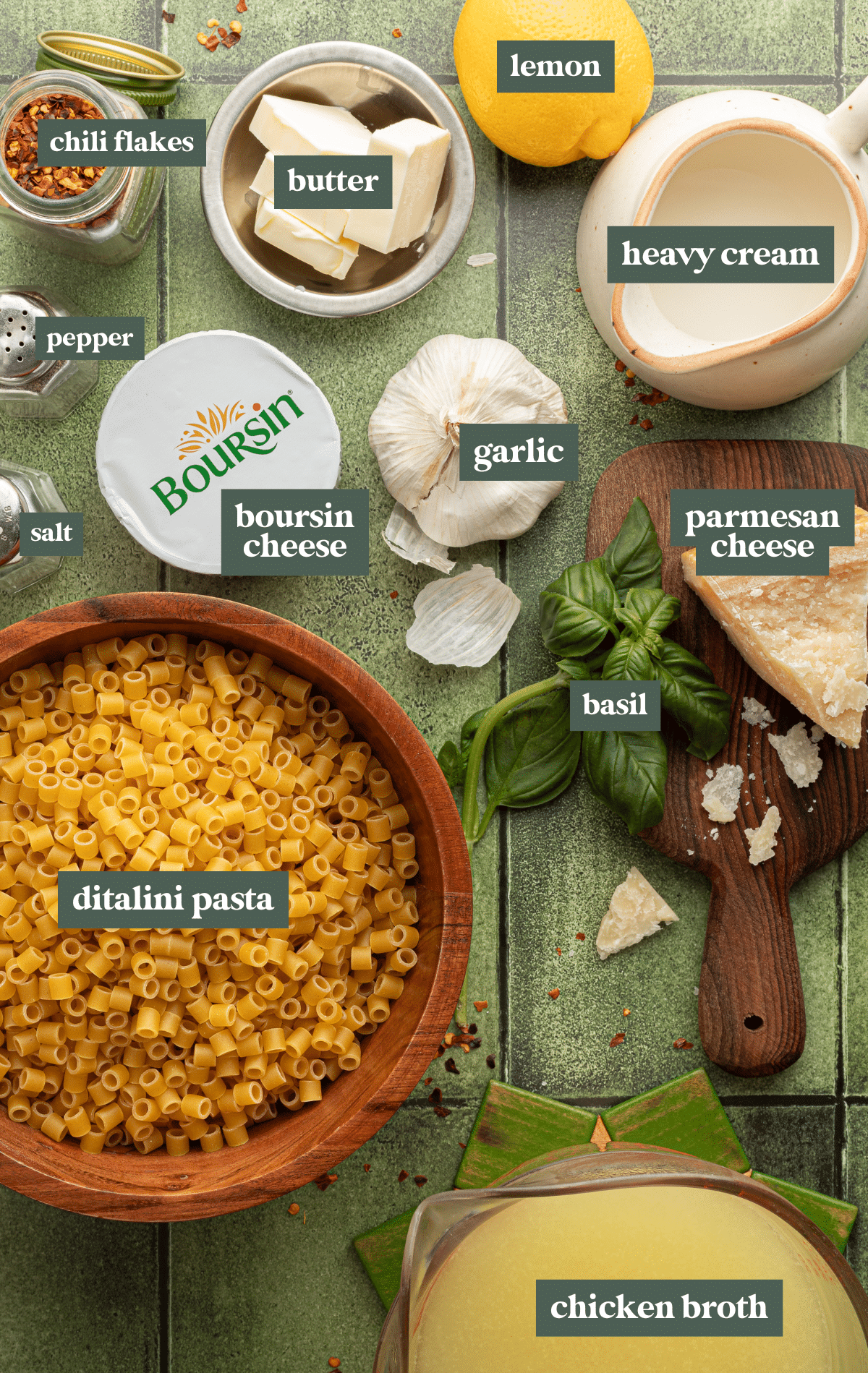 Ingredients for one pot boursin pasta.