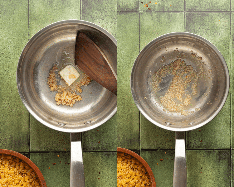 Side-by-side image of cooking garlic and butter in stainless steel pan.