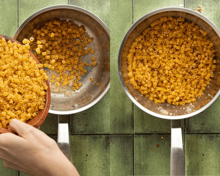 Side-by-side image of adding ditalini pasta to stainless steel pan and coating the uncooked pasta in the sauted butter and garlic.