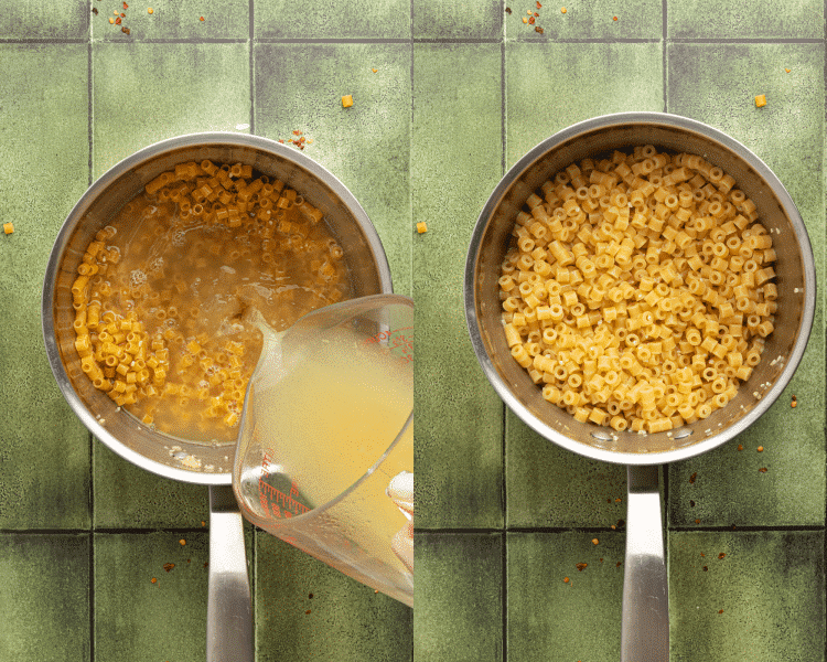 Side-by-side image of adding chicken broth to pasta pot and then showing an image of the noodles after they have cooked for 7-9 minutes.