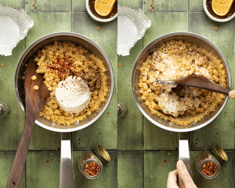 Side-by-side image of adding the cheese and seasonings to the cooked pasta and stirring everything so it melts and is incorporated.