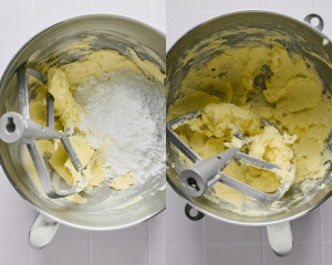 Side-by-side image showing adding the powdered sugar to the butter for copycat girl scout lemonades.