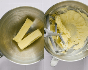 Side-by-side image of adding the butter to a mixing bowl and creaming for 2-3 minutes until light and fluffy.