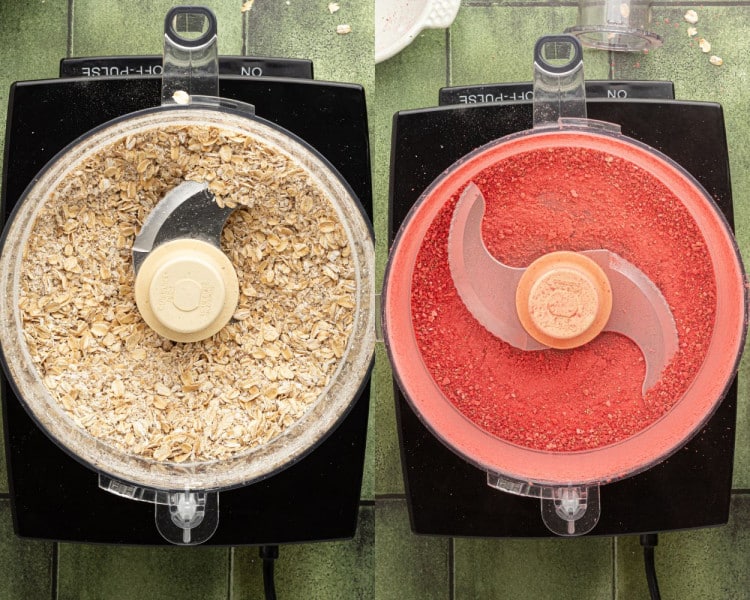 Left: A food processor filled with partially ground old-fashioned oats. Right: A food processor filled with finely ground freeze-dried strawberries, turned into a vibrant red powder.