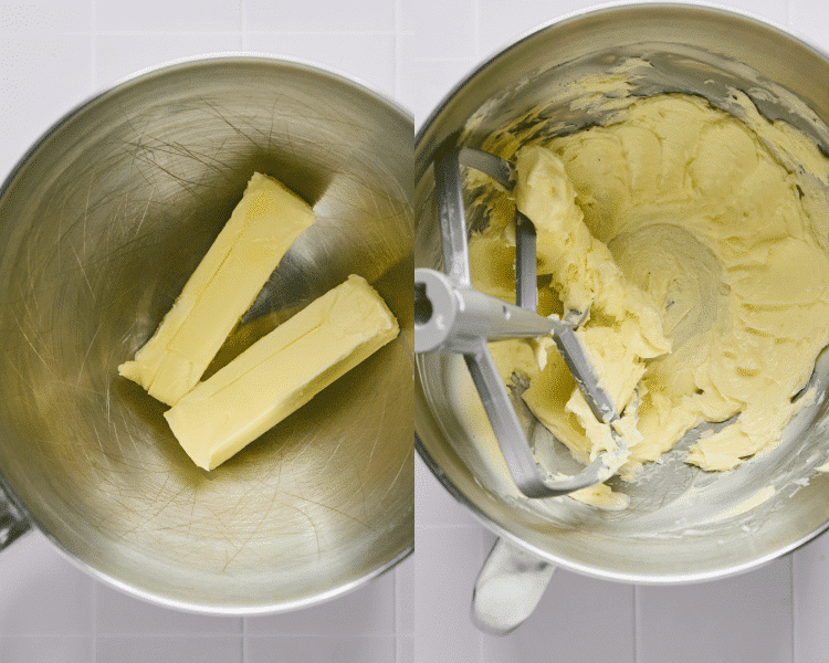 Side-by-side image of adding the butter to a mixing bowl and creaming for 2-3 minutes until light and fluffy.