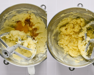 Side-by-side image showing adding the egg and extracts to the dough then mixing together with stand mixer.