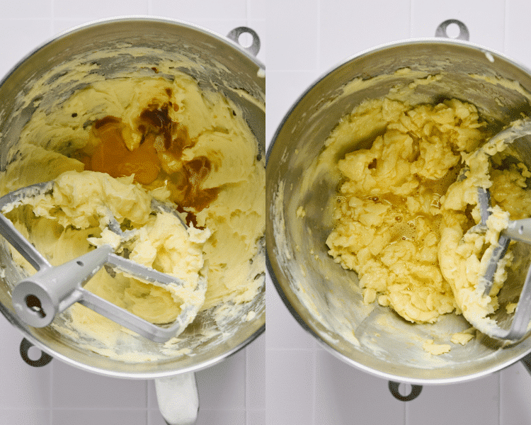 Side-by-side image showing adding the egg and extracts to the dough then mixing together with stand mixer.