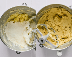 Side-by-side image showing adding the flour to the dough for copycat lemonades.