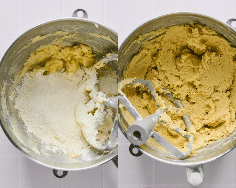 Side-by-side image showing adding the flour to the dough for copycat lemonades.
