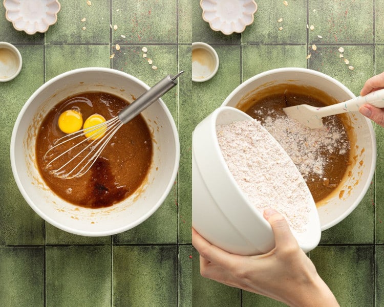 Left: A mixing bowl with a whisk, two egg yolks, and a brown sugar and vanilla mixture. Right: Dry oat and strawberry mixture being folded into the wet ingredients using a spatula.