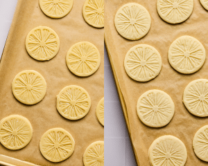 Side-by-side image showing unbaked lemonades cookies on baking sheet and then the cookies once they are baked on baking sheet lined with parchment paper.