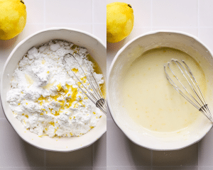Side-by-side image of adding icing ingredients to bowl and whisk together with metal whisk.
