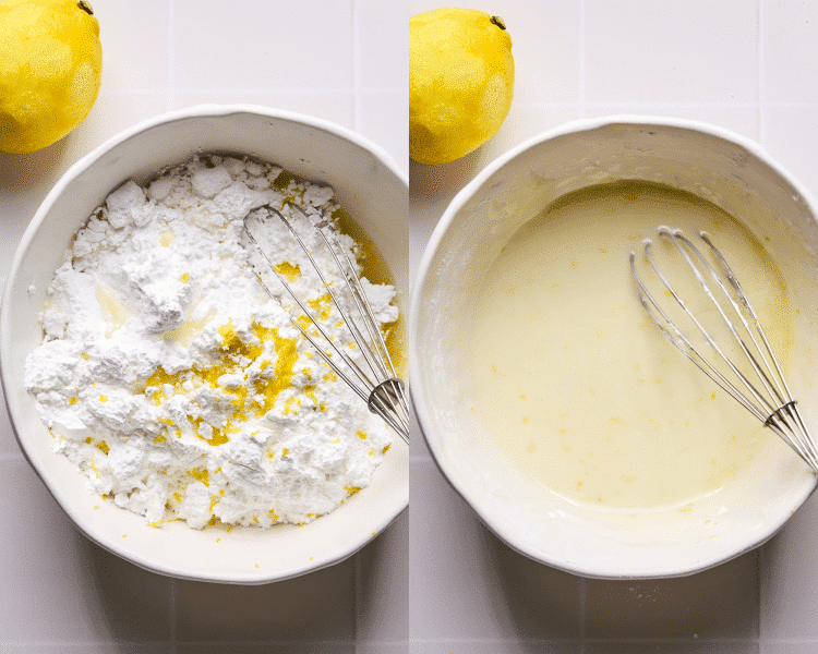 Side-by-side image of adding icing ingredients to bowl and whisk together with metal whisk.